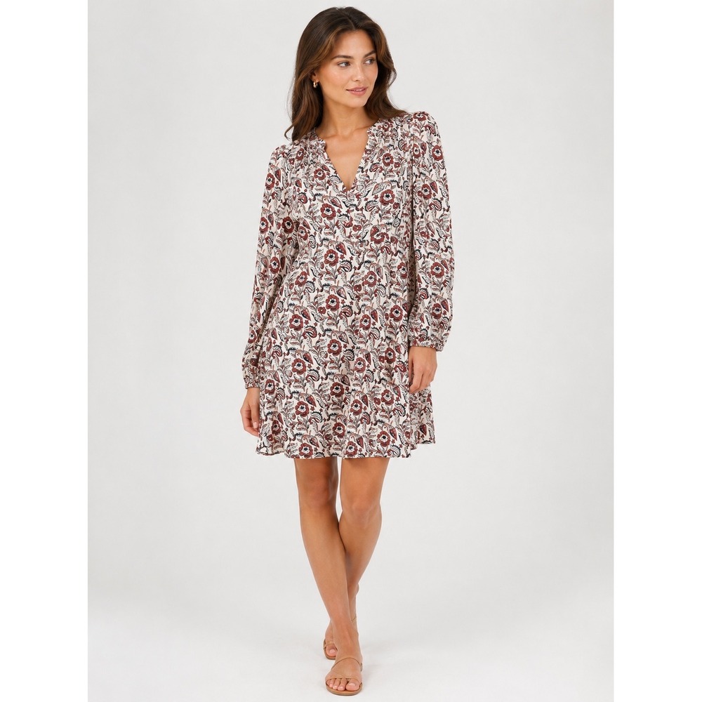 Banana Republic Floral Block Print Cotton V-Neck Mini Dress Red Navy Tall Medium
